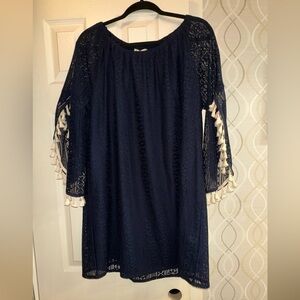 Indigo Soul Navy Blue Lace Dress with Cream Tassels
